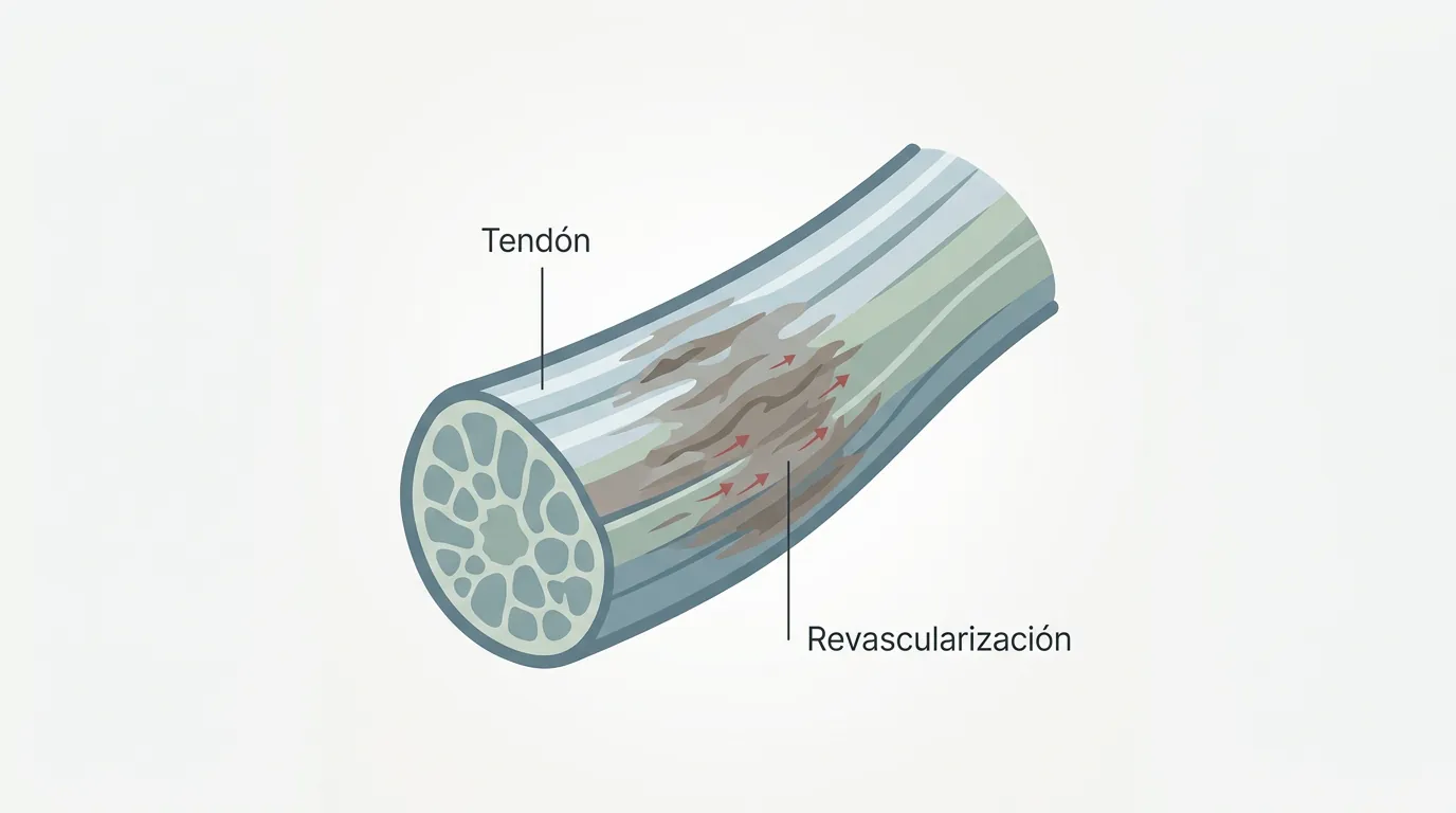 Ilustración médica simplificada que muestra el tejido afectado y el proceso de revascularización.