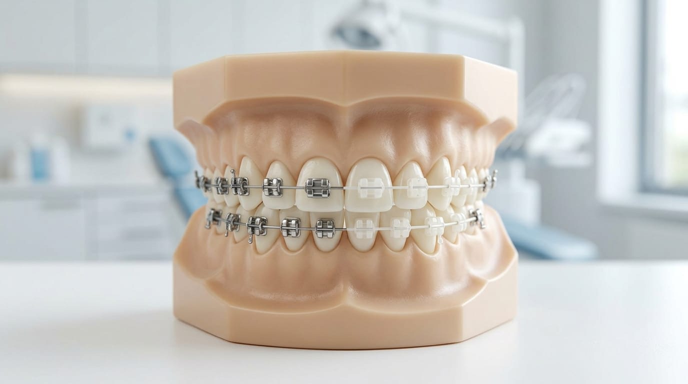 Comparativa visual entre brackets metálicos y brackets de cerámica o zafiro en un modelo dental educativo.