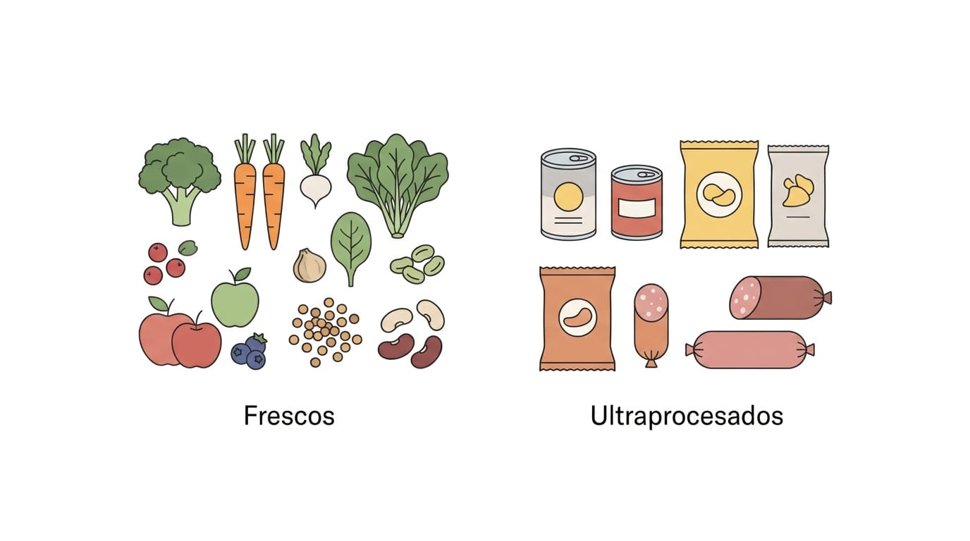 Gráfico simple que clasifica alimentos en categorías como frescos frente a ultraprocesados para ayudar en la elección de ingredientes saludables.